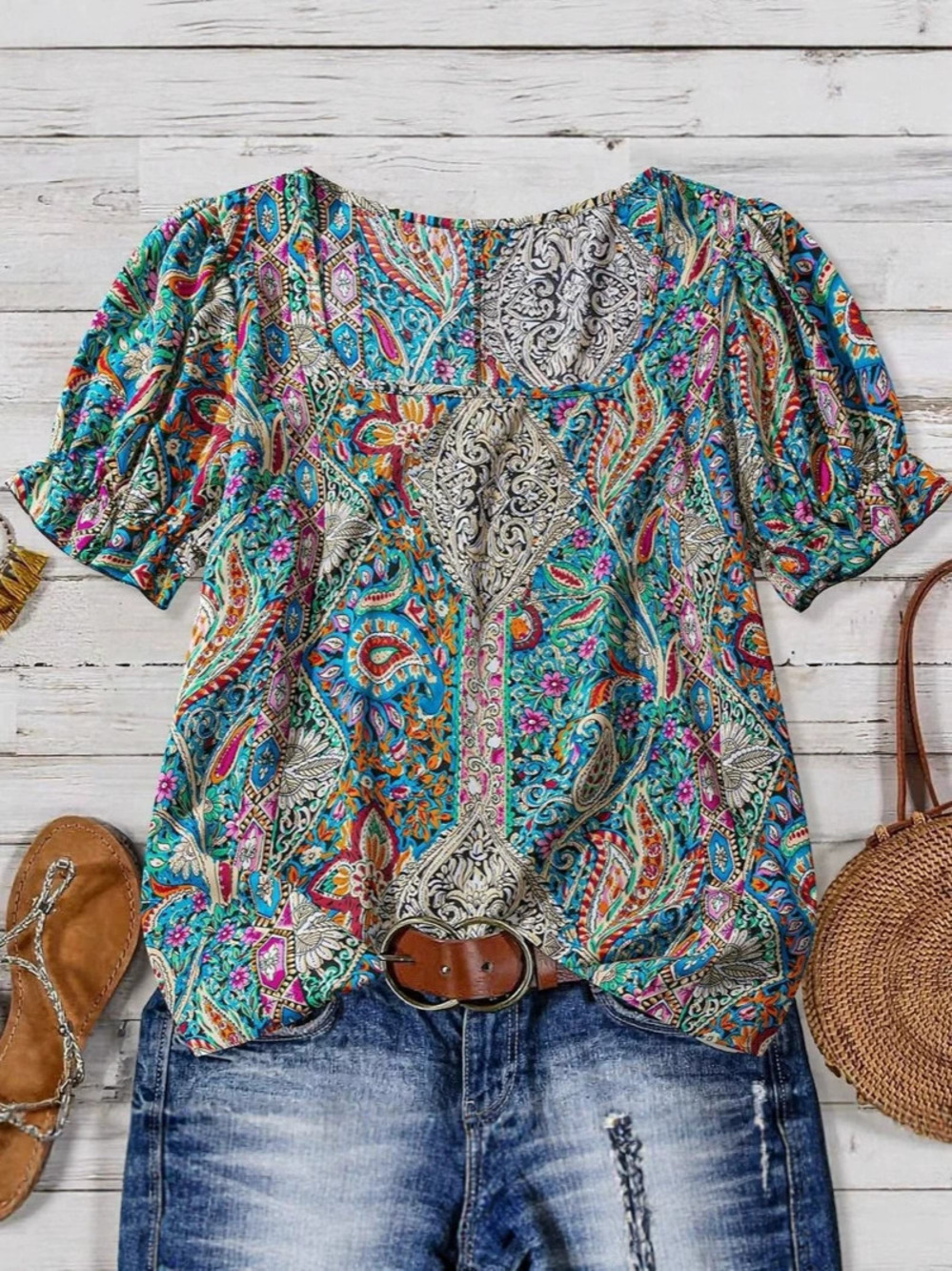 Zara Drop Shoulder Short Sleeve Western Print Top Loose Fit Round Neck Commute